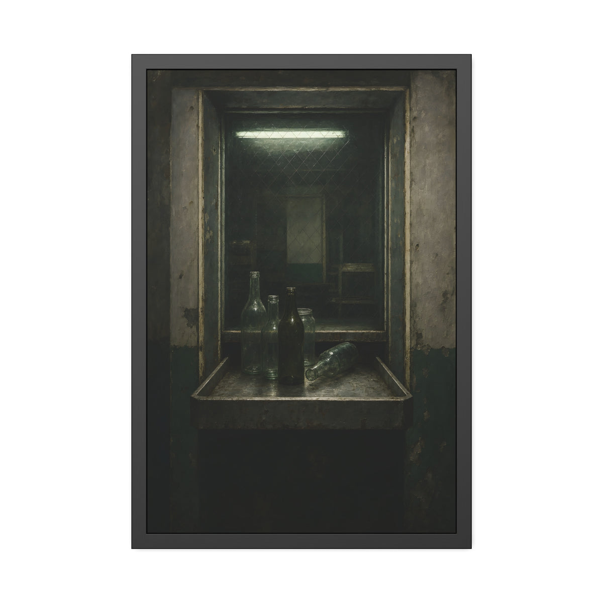 Empty glass bottles on a metal tray at a service window under a fluorescent tube. The Counting Window by Garabaggio, framed fine art print, 24″ x 36″.