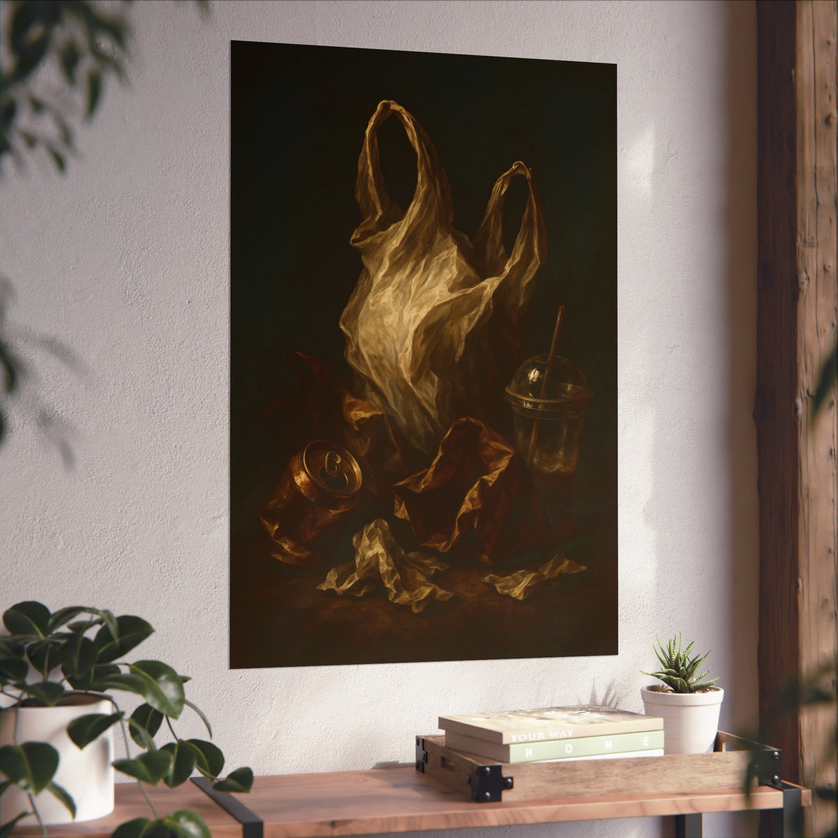 A plastic bag held open above a crushed can and a plastic cup with straw. The Apparition of the Bag by Garabaggio, fine art print hanging in a room.