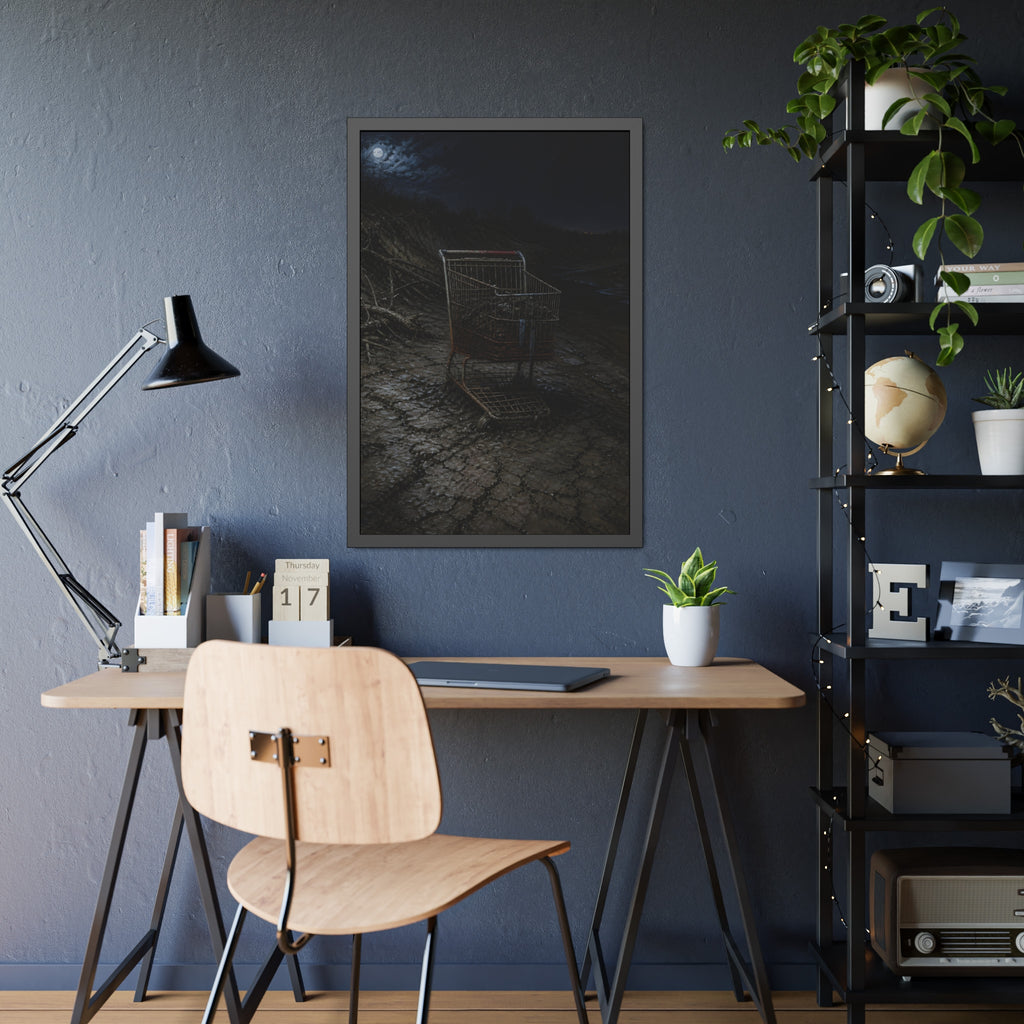 A rusted shopping cart sunk in cracked dried mud under a full moon. The Silting by Garabaggio, framed fine art print hanging in a room.