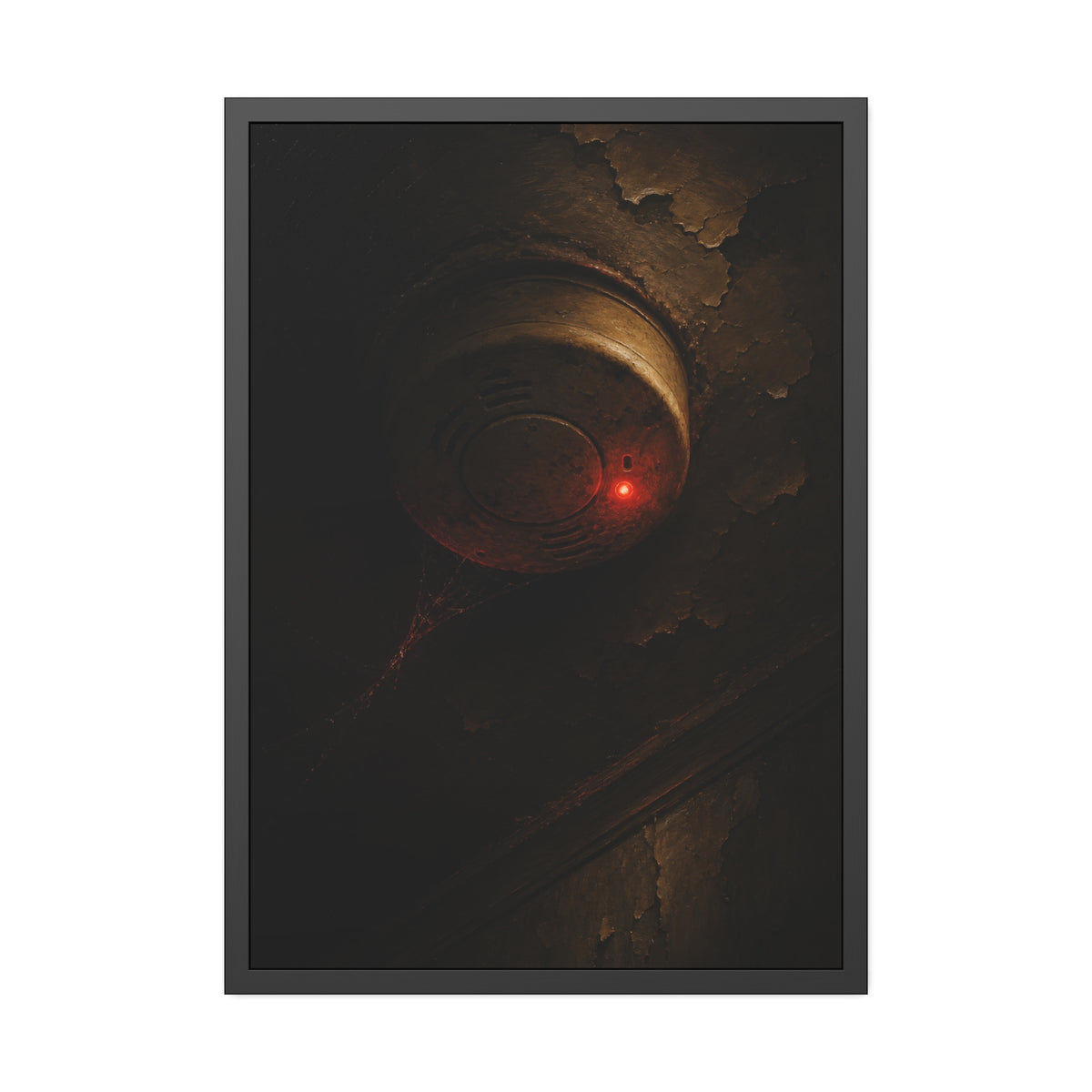 A smoke detector with a red light on a peeling ceiling, cobwebs beneath. The Chirp at Three Forty by Garabaggio, framed fine art print, 28″ x 40″.