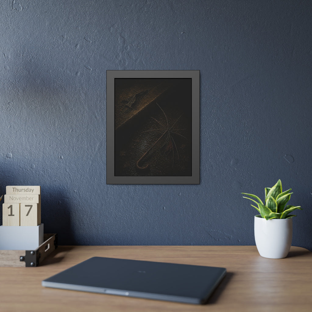 A stripped umbrella frame on wet pavement, its fabric torn away. The Stripping of the Canopy by Garabaggio, framed fine art print hanging in a room.