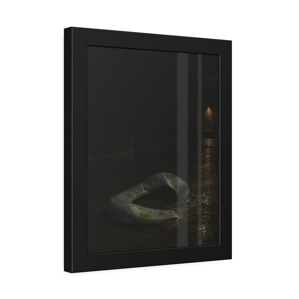 A deflated pool float ring on wet alley pavement, a lit doorway far behind. The Crossing of the Alley by Garabaggio, framed fine art print hanging in a room.