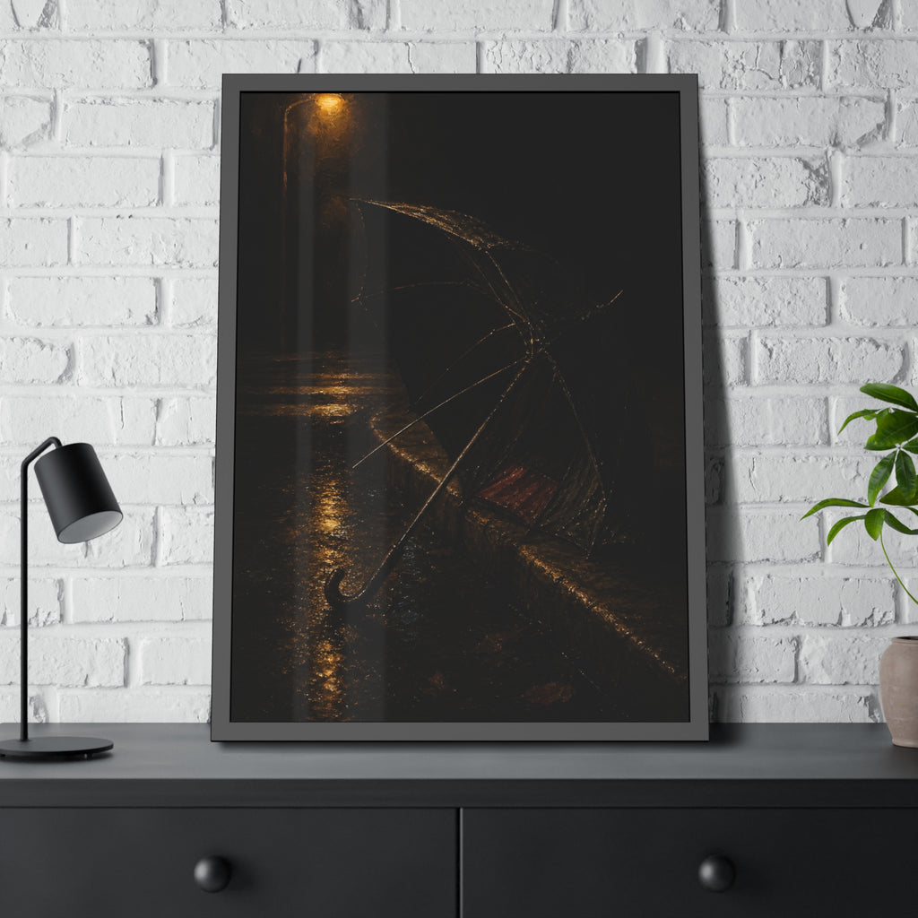 An open umbrella with bent ribs on a wet curb under a street lamp. The Presentation at the Crosswalk by Garabaggio, framed fine art print hanging in a room.