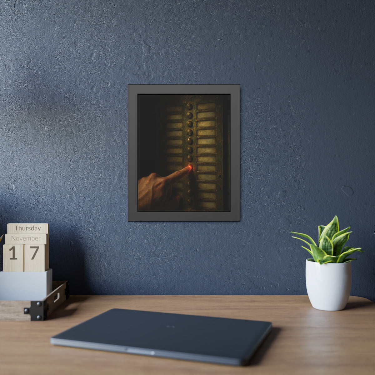 A hand pressing one glowing red button on a worn intercom panel. The Finger at Midnight by Garabaggio, framed fine art print hanging in a room.