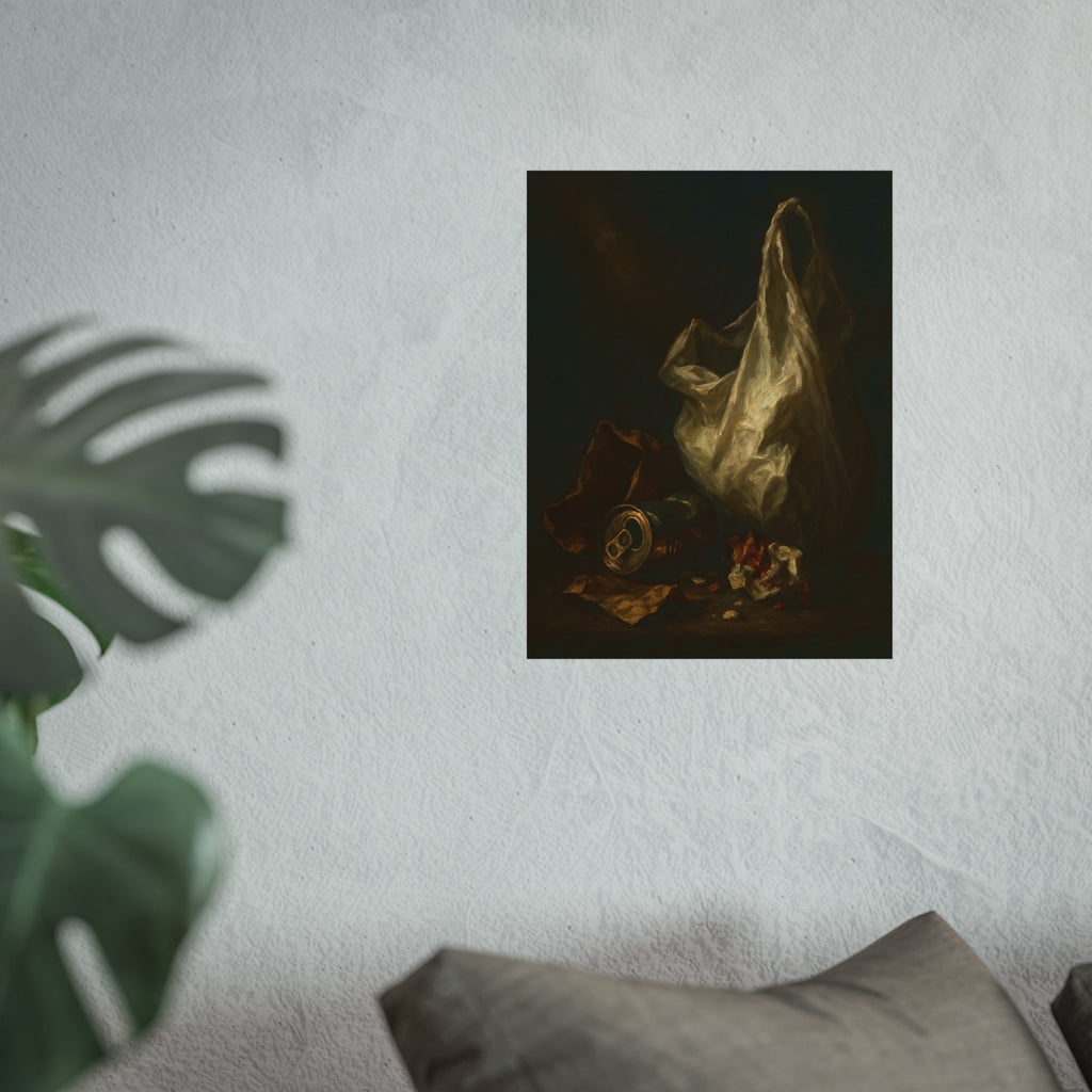 A white plastic bag standing upright in a shaft of light. The Annunciation of the Plastic Bag by Garabaggio, fine art print hanging in a room.