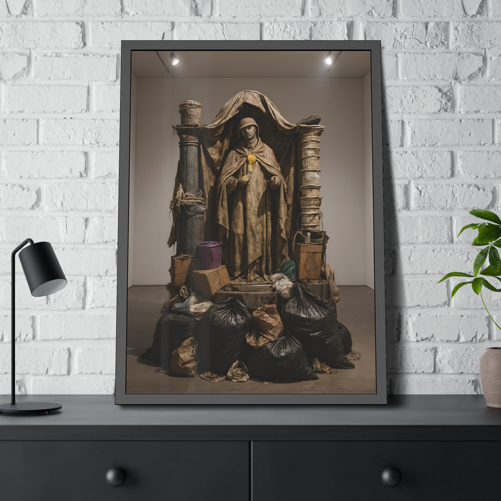Draped standing figure under a canopy above a heap of black garbage bags. Saint Francis of the Black Bag by Garabaggio, framed fine art print hanging in a room.