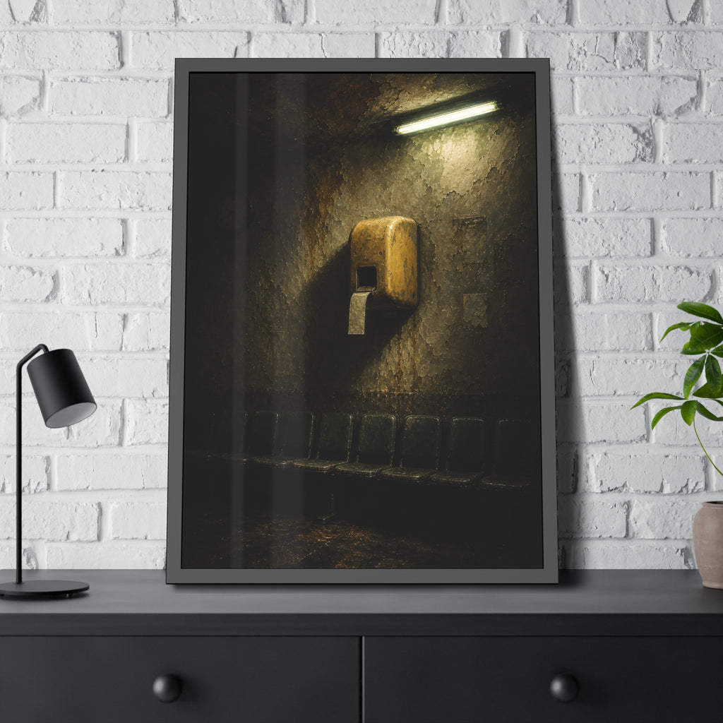 Yellow ticket dispenser on a stained wall above empty seats. Before the First Name by Garabaggio, framed fine art print hanging in a room.
