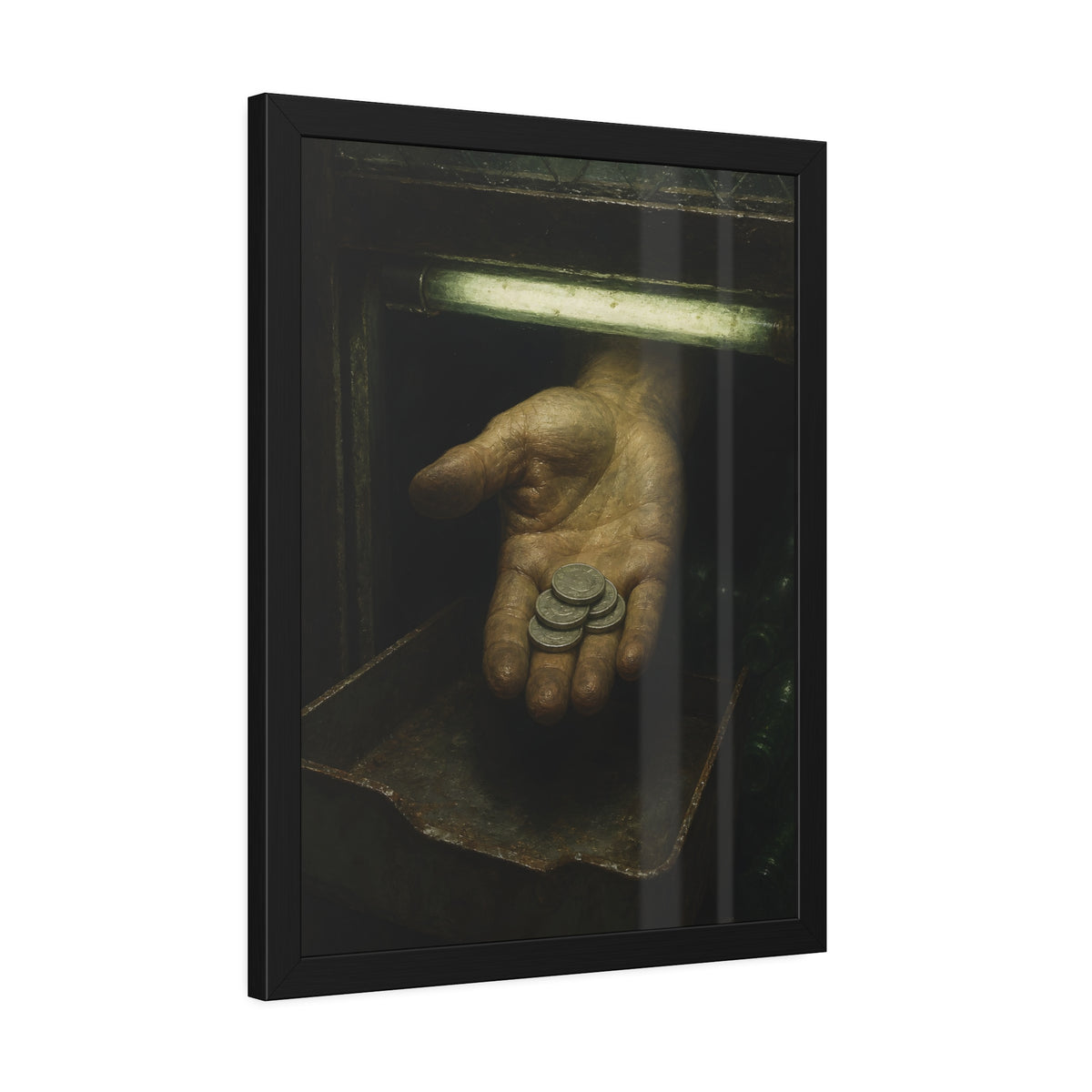 An open palm holding coins over a metal tray under a fluorescent tube. The Nickel Rendered by Garabaggio, framed fine art print hanging in a room.