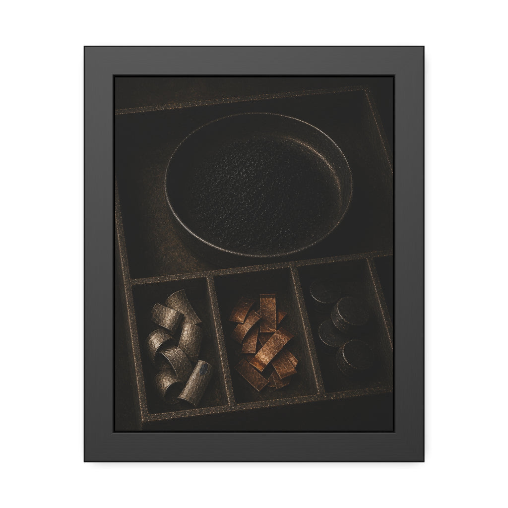 Sorted battery parts in a divided tray, metal strips, cells and powder. The Separation of Metals by Garabaggio, framed fine art print, 11″ x 14″.