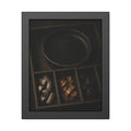Sorted battery parts in a divided tray, metal strips, cells and powder. The Separation of Metals by Garabaggio, framed fine art print, 11″ x 14″.