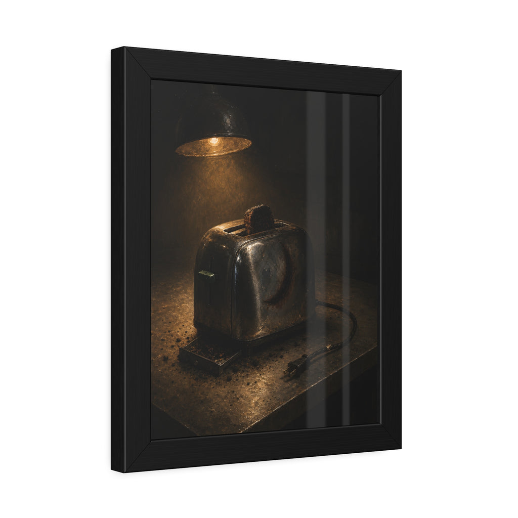 A scorched toaster under a work lamp, burnt toast standing in its slot. The Table of Examination by Garabaggio, framed fine art print hanging in a room.