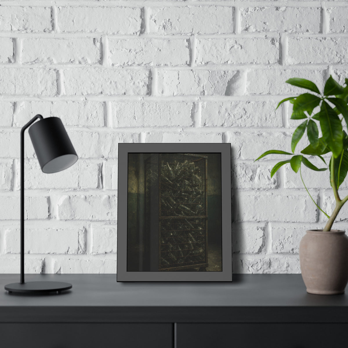 A tall wire cage cart packed with clear bottles in a dim concrete room. The Cage of Clear Glass by Garabaggio, framed fine art print hanging in a room.