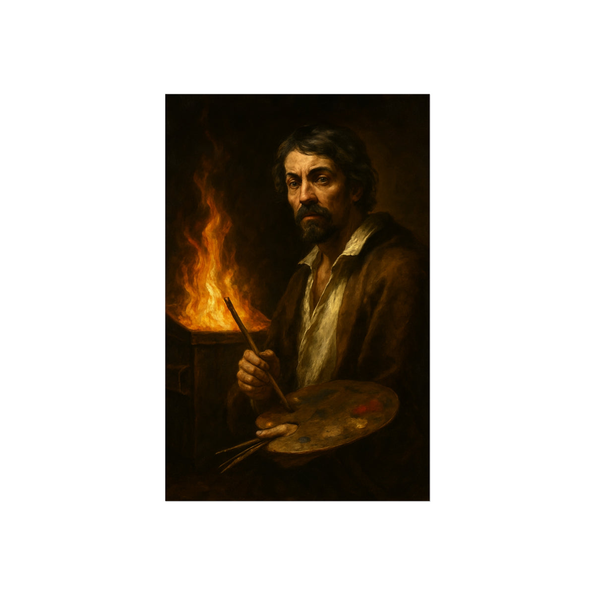 Man holding a palette and brushes, a fire behind him. Self-Portrait with Palette (After Caravaggio) by Garabaggio, fine art print hanging in a room.