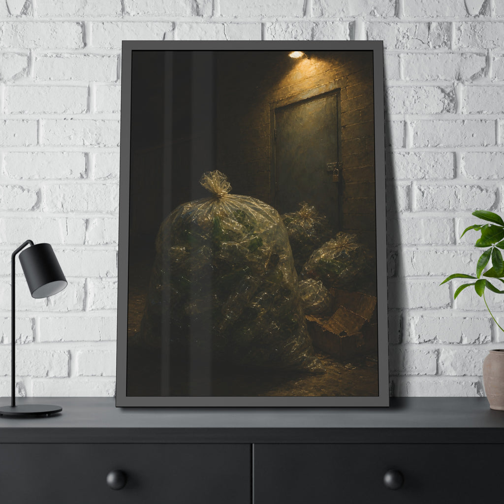 Clear bags of empty bottles piled by a padlocked door under a wall lamp. The Gathering of Empties by Garabaggio, framed fine art print hanging in a room.