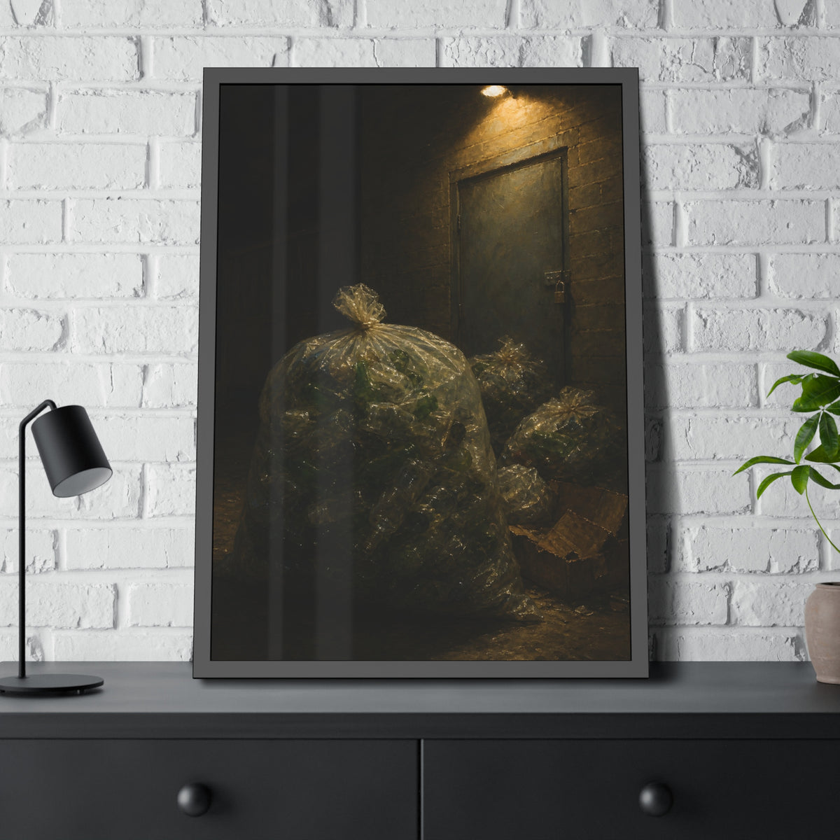 Clear bags of empty bottles piled by a padlocked door under a wall lamp. The Gathering of Empties by Garabaggio, framed fine art print hanging in a room.