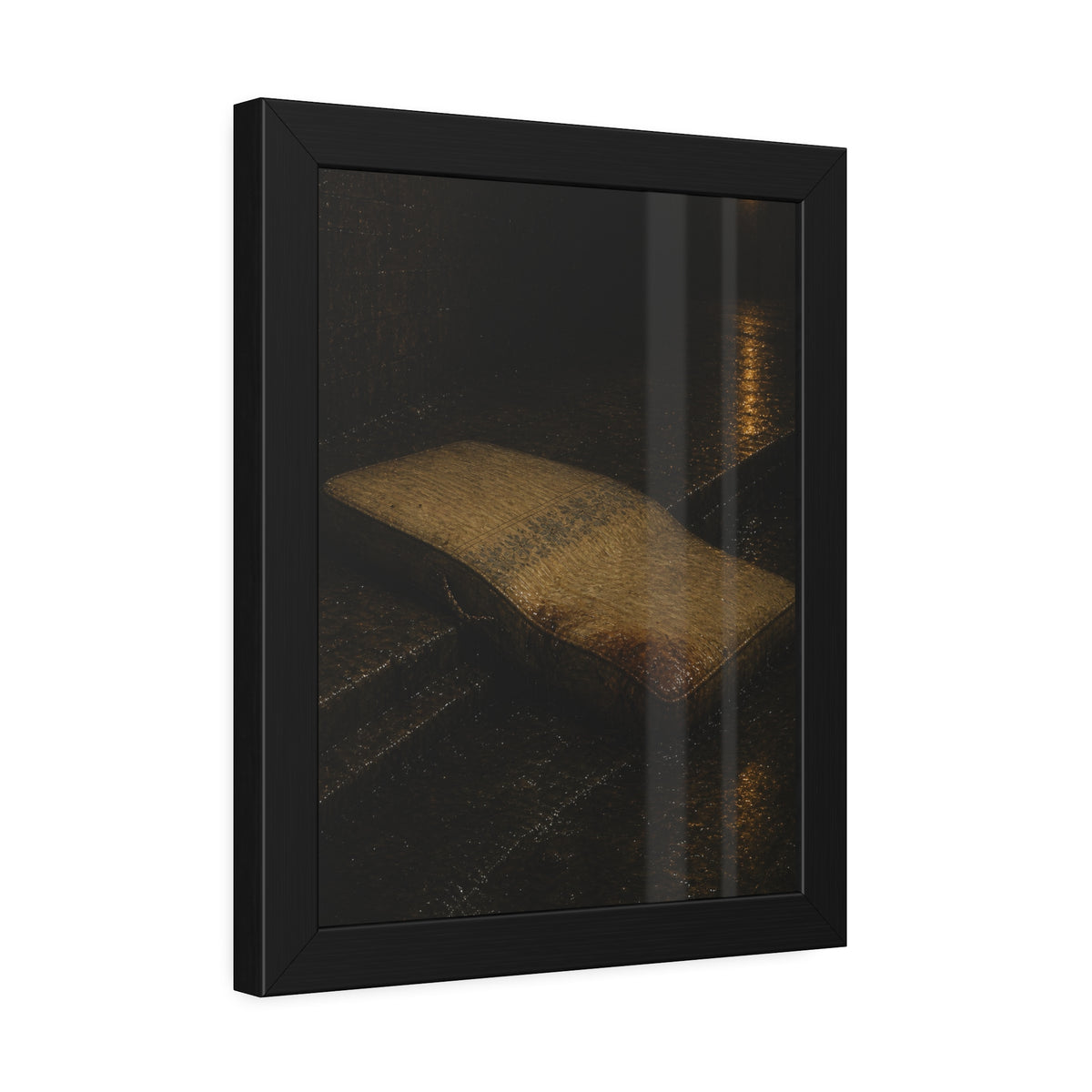 A sodden mattress slumped off a curb on wet pavement under a street lamp. The Collapse into the Gutter by Garabaggio, framed fine art print hanging in a room.