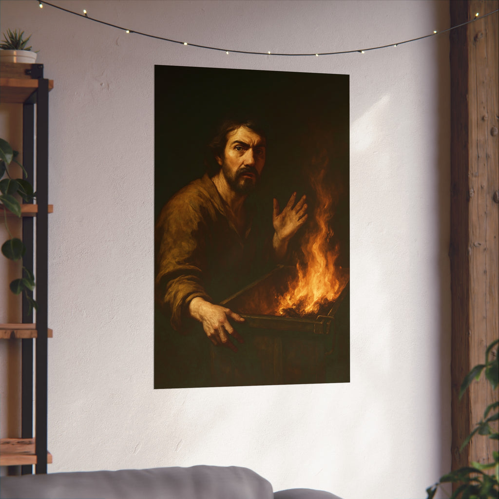 Man gripping the edge of a burning dumpster with one hand raised. Self-Portrait at 3:40 AM by Garabaggio, fine art print hanging in a room.