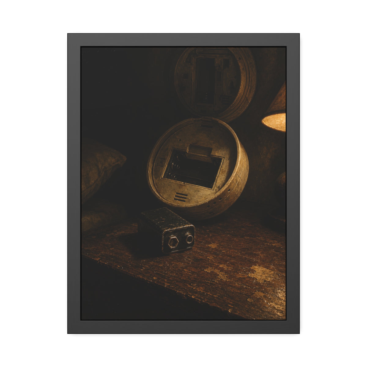 An open smoke detector on a wooden table beside a removed nine volt battery. The Silence After Removal by Garabaggio, framed fine art print, 18″ x 24″.