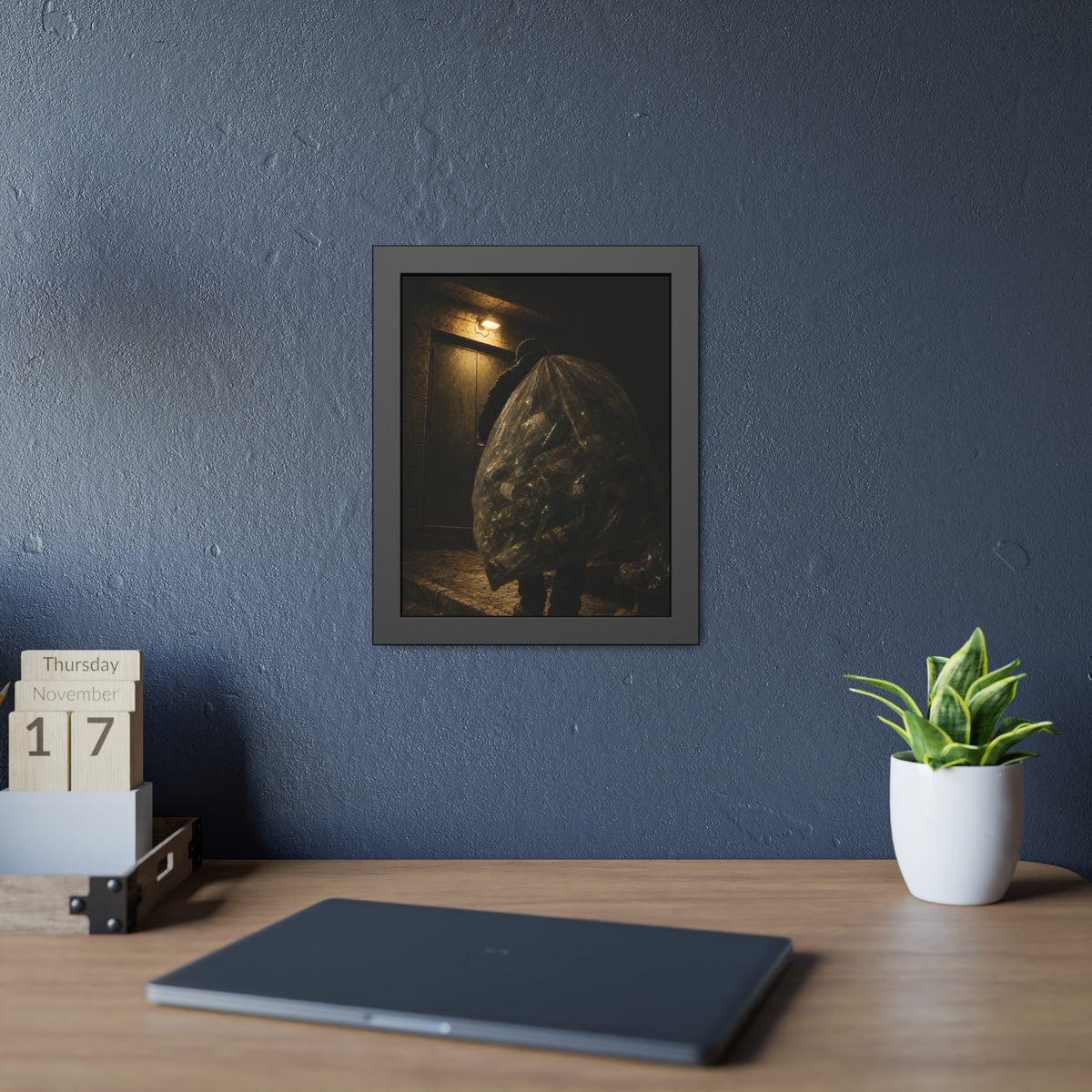 A man carrying a huge bag of bottles past a lit doorway at night. The Bag Carried Before Dawn by Garabaggio, framed fine art print hanging in a room.