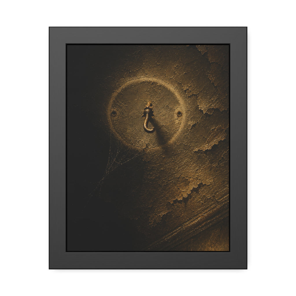 A small empty hook on a cracked ceiling, lit from one side. The Hook Without a Burden by Garabaggio, framed fine art print, 11″ x 14″.
