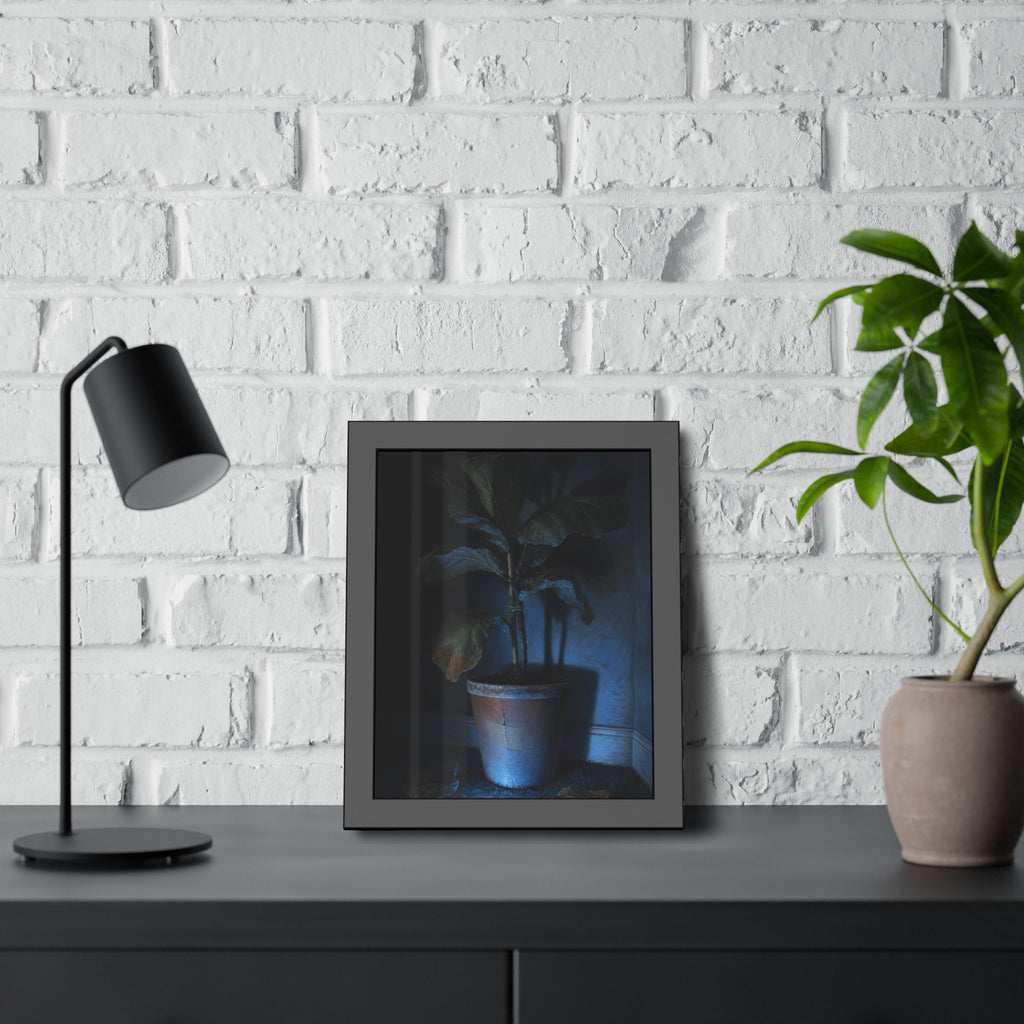 A dying potted plant in a corner washed in blue television light. The Television Hours by Garabaggio, framed fine art print hanging in a room.