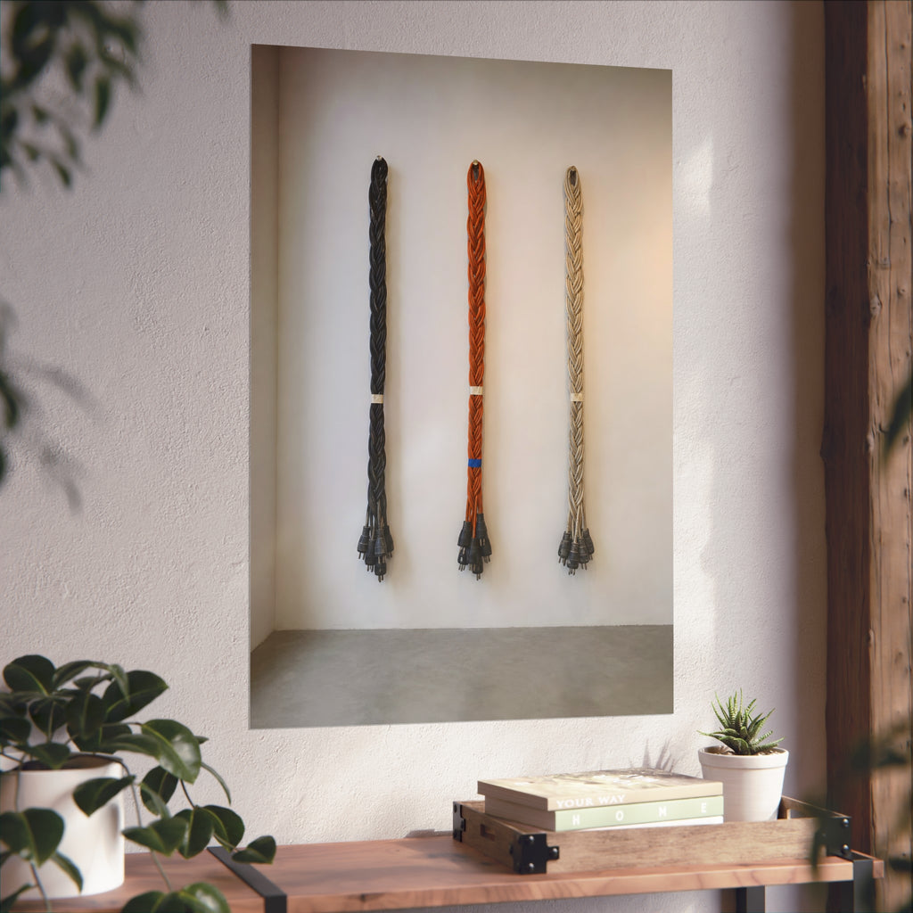 Three braided bundles of extension cords hung on a white gallery wall. The Braided Triptych by Garabaggio, fine art print hanging in a room.