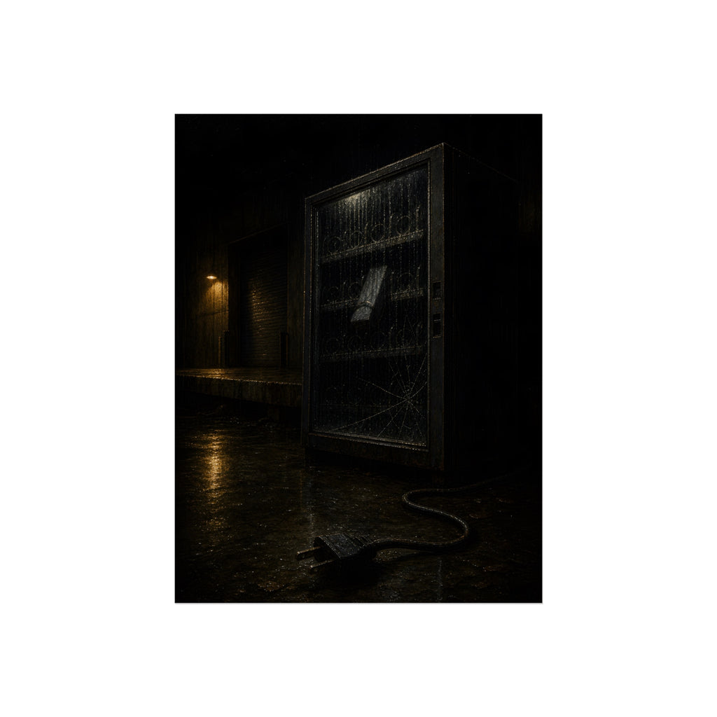 A vending machine in the rain, its cord and plug trailing across wet pavement. The Weathering Outside by Garabaggio, fine art print, 12″ x 16″.