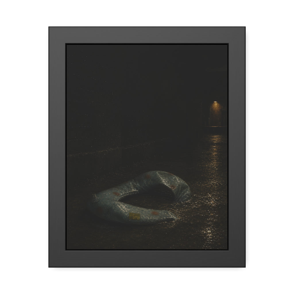 A deflated pool float ring on wet alley pavement, a lit doorway far behind. The Crossing of the Alley by Garabaggio, framed fine art print, 11″ x 14″.