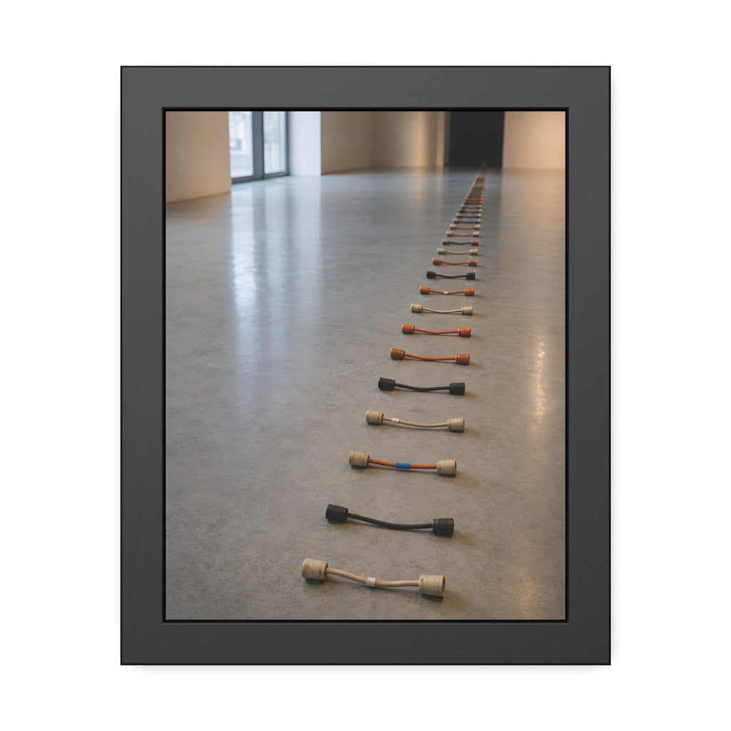 A long line of cut extension cord ends laid across a pale gallery floor. The Severed Procession by Garabaggio, framed fine art print, 11″ x 14″.