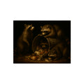 Four raccoons around a tipped metal trash can spilling food scraps. The Crowning with Crumbs by Garabaggio, fine art print, 16″ x 12″.