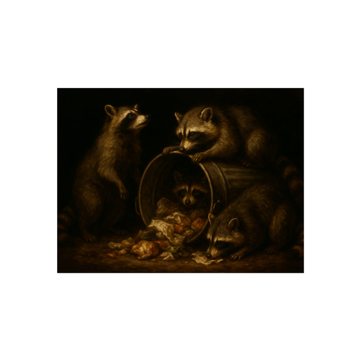 Four raccoons around a tipped metal trash can spilling food scraps. The Crowning with Crumbs by Garabaggio, fine art print, 16″ x 12″.