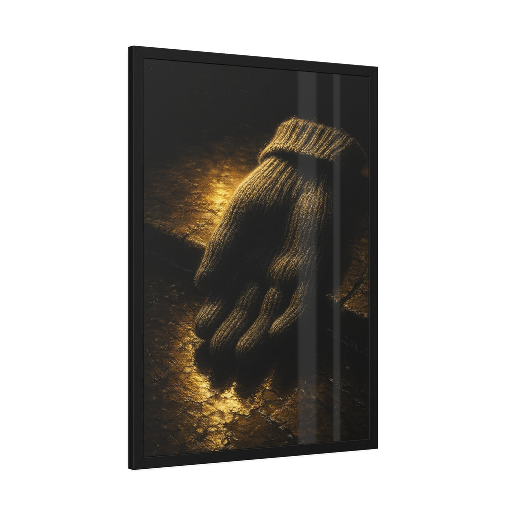 A knitted wool glove palm down on wet stone in gold light. The Presentation of the Woolen Glove by Garabaggio, framed fine art print hanging in a room.