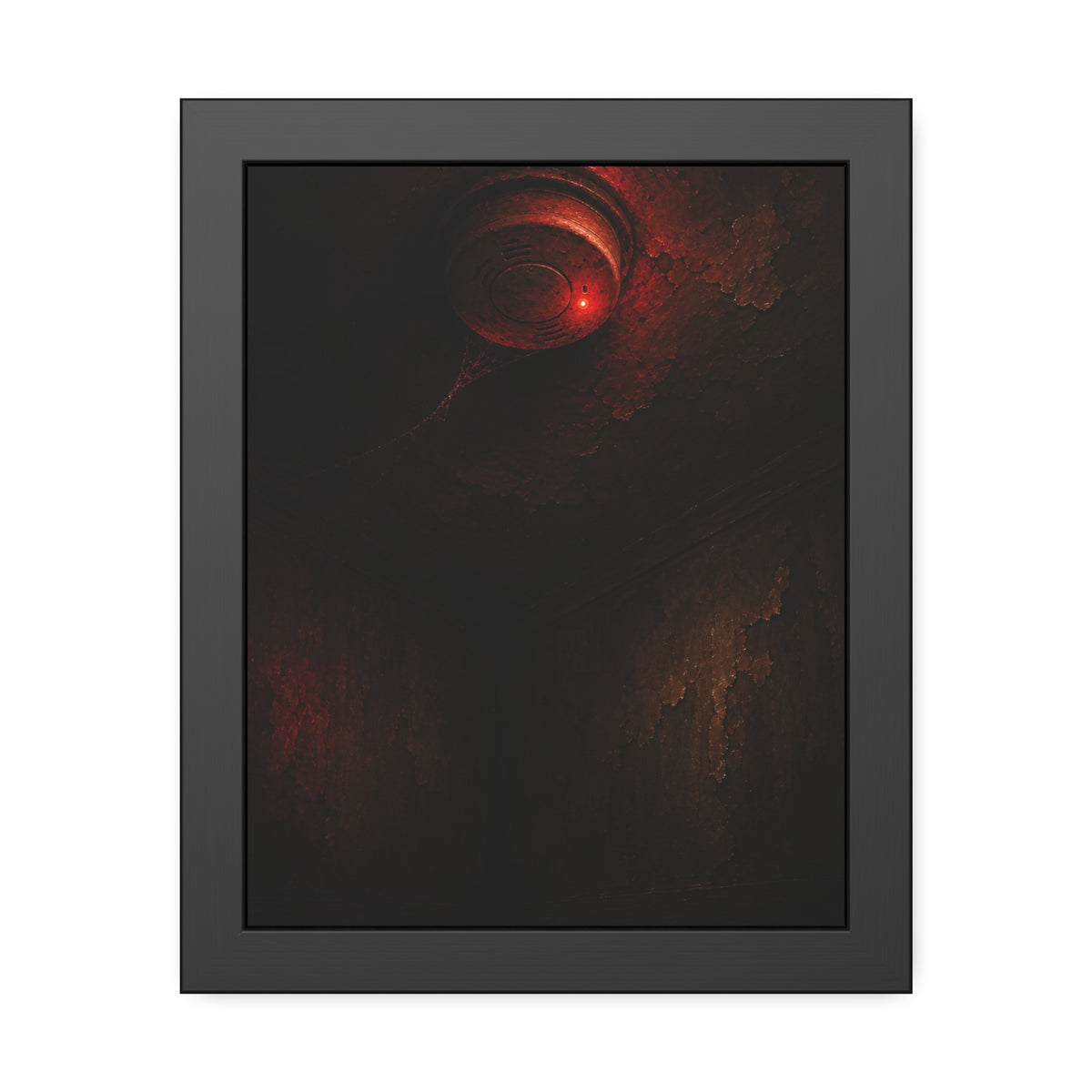 A ceiling smoke detector glowing red in an empty peeling room. The Alarm in an Empty Room by Garabaggio, framed fine art print, 11″ x 14″.