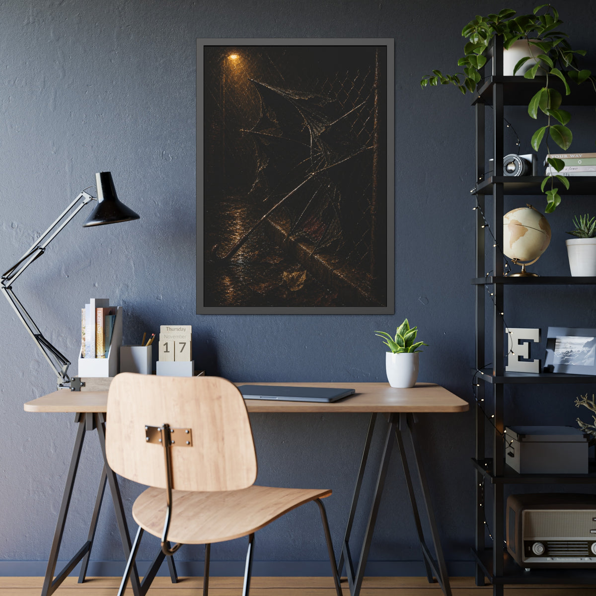 A broken umbrella pinned to a chain link fence under a rainy streetlamp. The Scourging by the Wind by Garabaggio, framed fine art print hanging in a room.