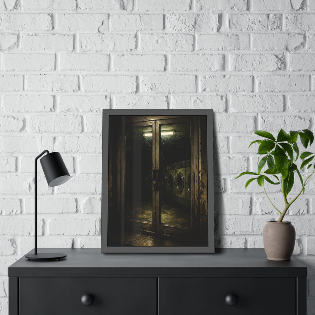 Glass laundromat doors at night with washers lit by a fluorescent tube. The Doors at Midnight by Garabaggio, framed fine art print hanging in a room.