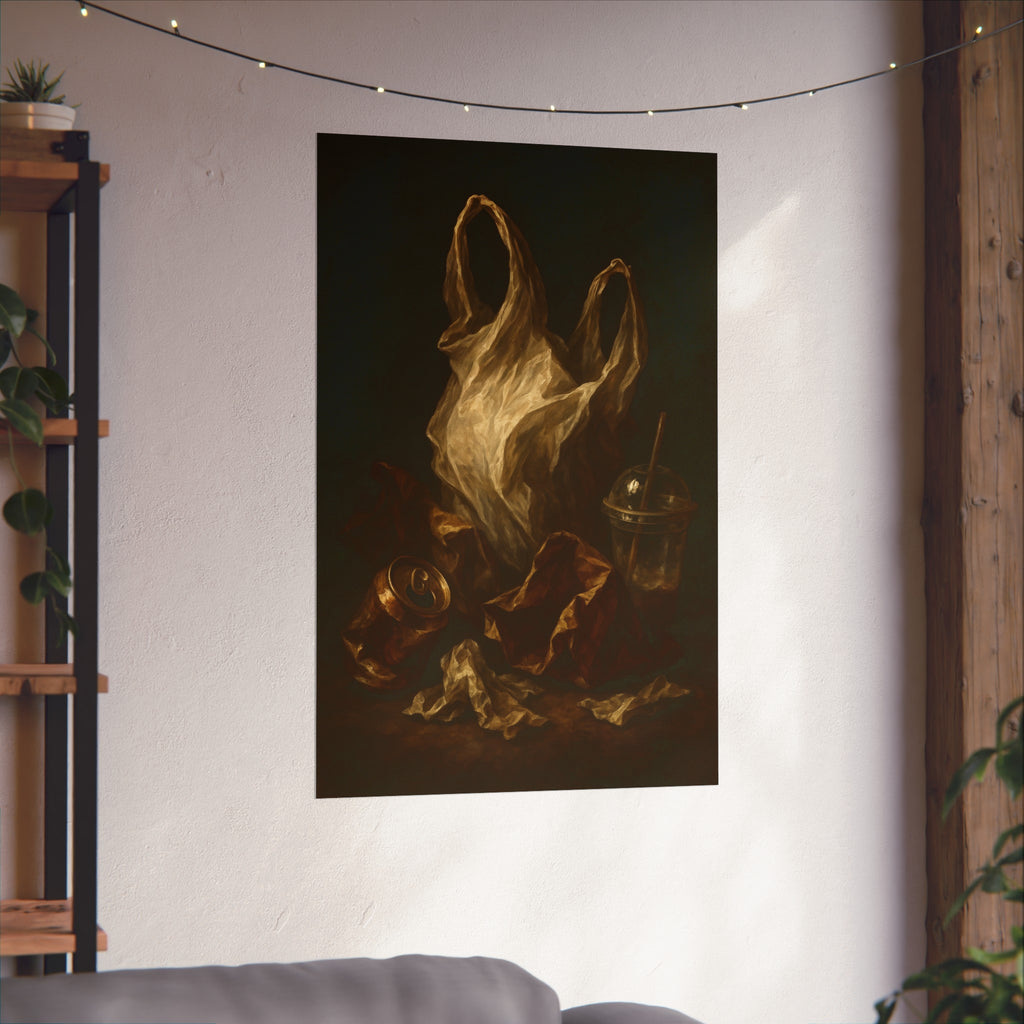 A plastic bag held open above a crushed can and a plastic cup with straw. The Apparition of the Bag by Garabaggio, fine art print hanging in a room.