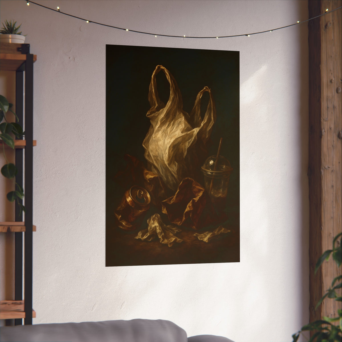 A plastic bag held open above a crushed can and a plastic cup with straw. The Apparition of the Bag by Garabaggio, fine art print hanging in a room.