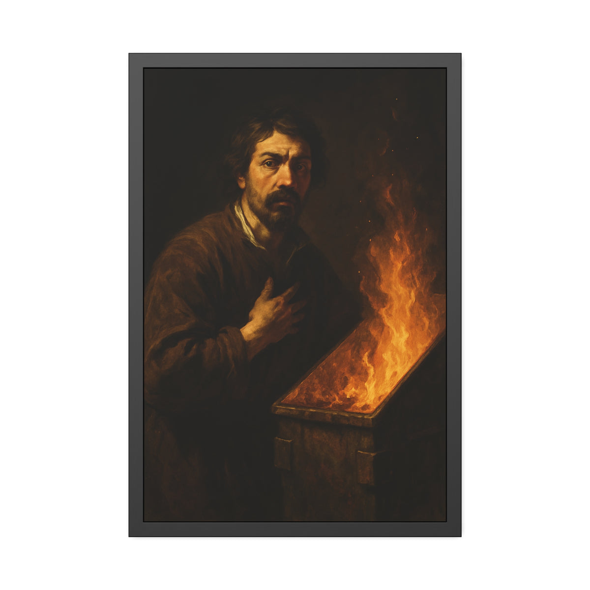 Man with a hand on his chest as flames run the length of a dumpster. Self-Portrait in the Final Hour by Garabaggio, framed fine art print hanging in a room.