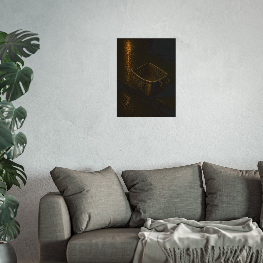 A cracked plastic laundry basket with a warped rim on wet asphalt. The Crushing of the Rim by Garabaggio, fine art print hanging in a room.