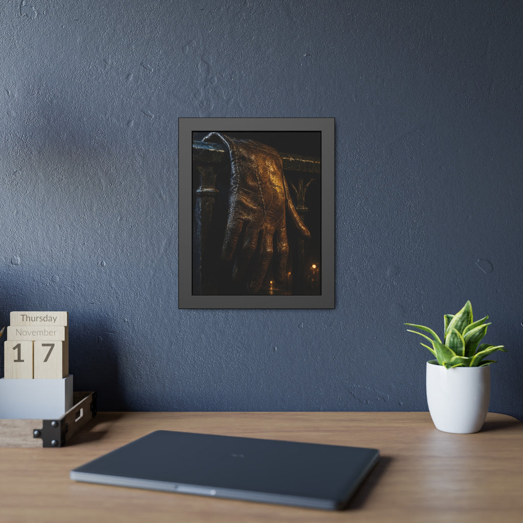 A leather glove draped over an iron railing, fingers hanging. The Repose of the Leather Glove, No. 1 by Garabaggio, framed fine art print hanging in a room.
