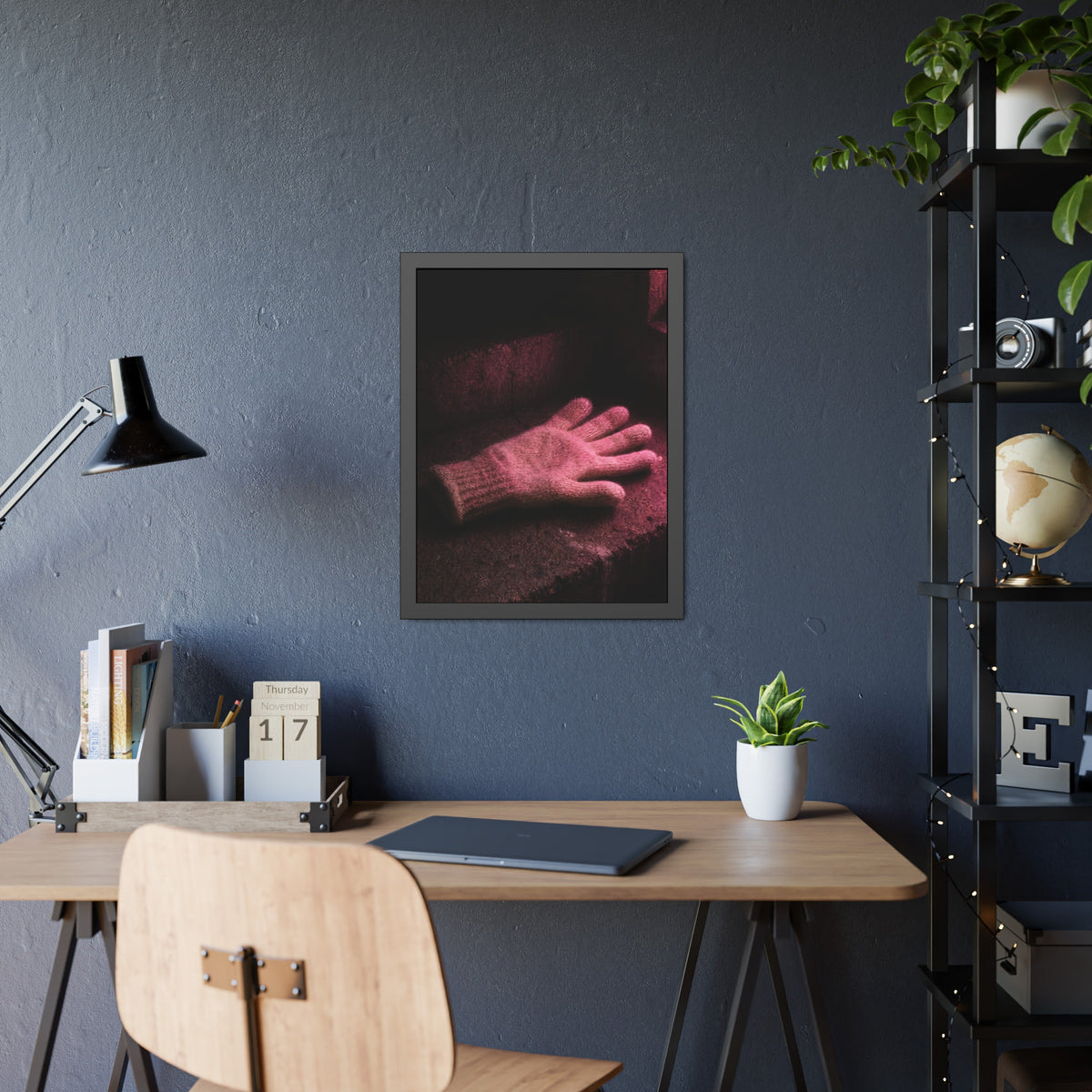 A knitted glove lying flat on a concrete step under pink light. The Vigil in Pink Light by Garabaggio, framed fine art print hanging in a room.