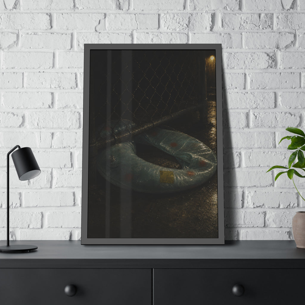 A deflated ring float pushed under a chain link fence in a wet alley. The Escape Beneath the Fence by Garabaggio, framed fine art print hanging in a room.