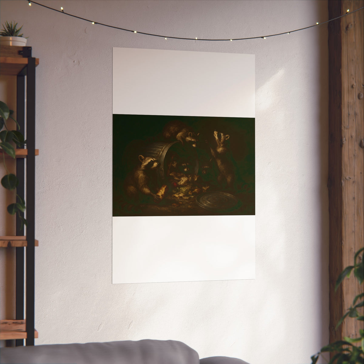 Raccoons around a tipped metal trash can, scattering food scraps. The Vigil of the Midnight Feast by Garabaggio, fine art print hanging in a room.