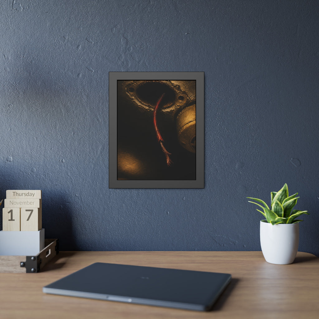 A frayed red wire hanging from a hole in a cracked ceiling. The Loose Red Wire by Garabaggio, framed fine art print hanging in a room.