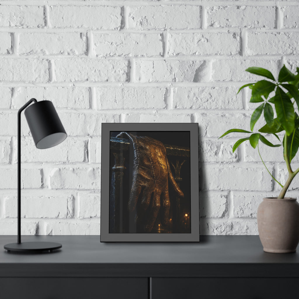 A leather glove draped over an iron railing, fingers hanging. The Repose of the Leather Glove, No. 1 by Garabaggio, framed fine art print hanging in a room.