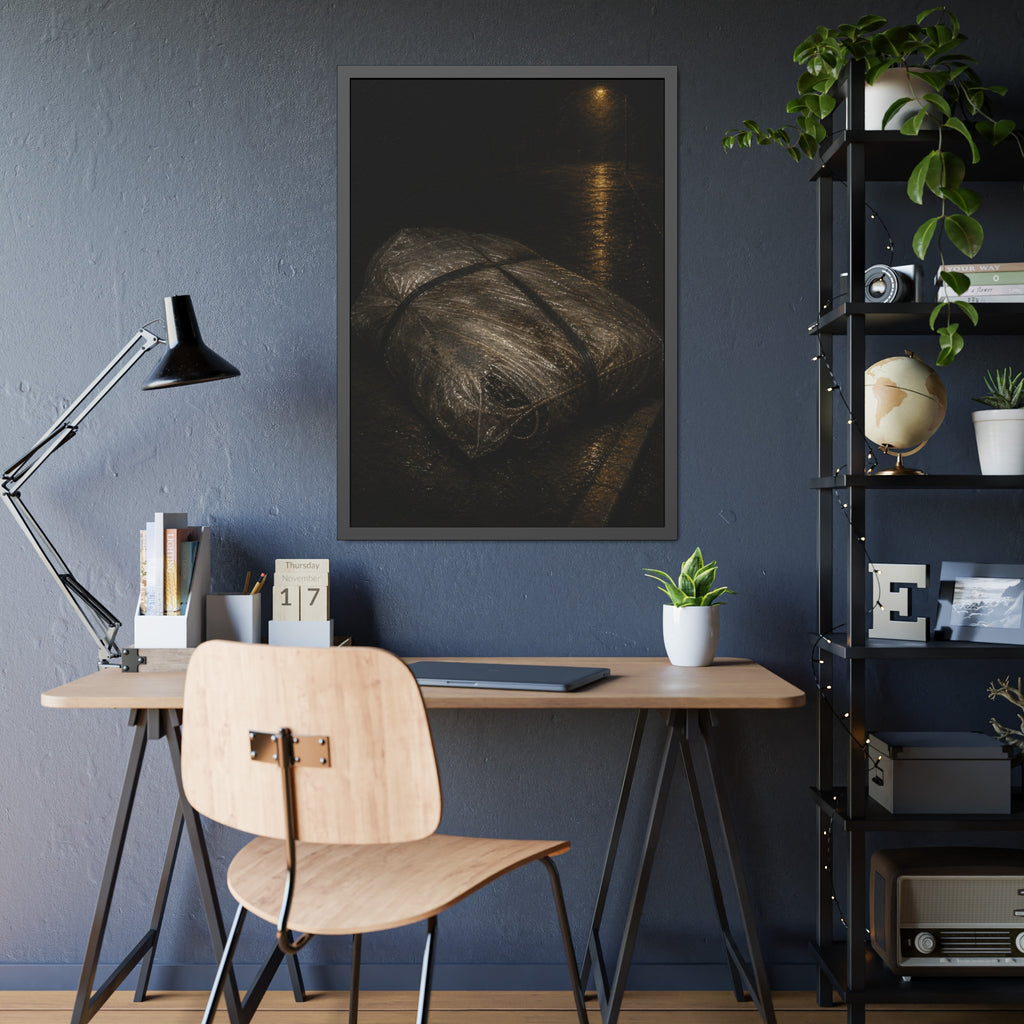 A mattress wrapped in plastic and strapped shut on a wet night street. The Municipal Shroud by Garabaggio, framed fine art print hanging in a room.