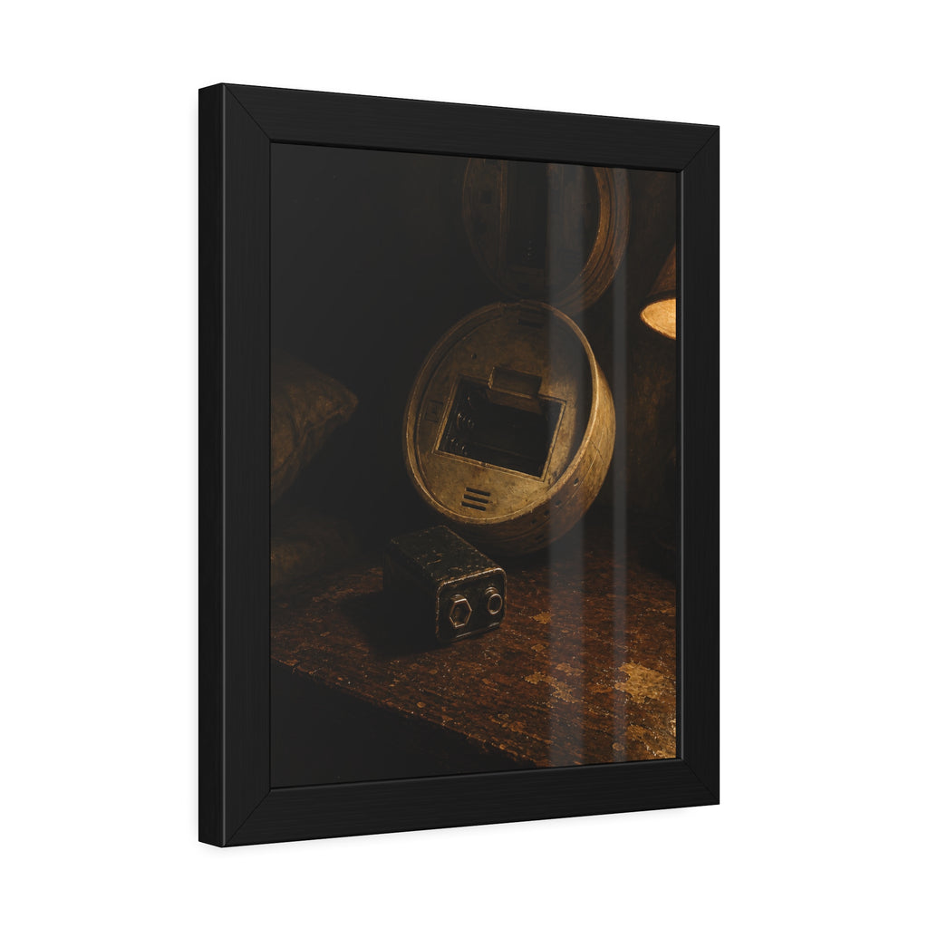An open smoke detector on a wooden table beside a removed nine volt battery. The Silence After Removal by Garabaggio, framed fine art print hanging in a room.