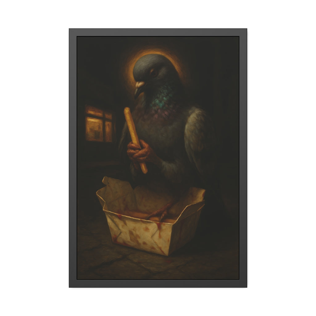 A haloed pigeon holding a french fry over a takeout carton in an alley. Madonna of the Pigeon with Fries by Garabaggio, framed fine art print hanging in a room.