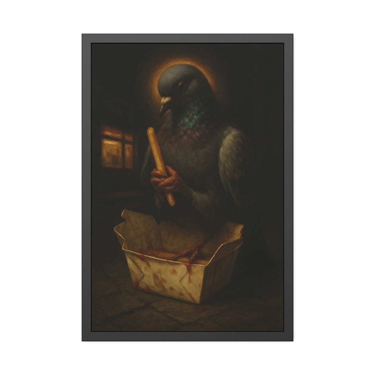 A haloed pigeon holding a french fry over a takeout carton in an alley. Madonna of the Pigeon with Fries by Garabaggio, framed fine art print hanging in a room.