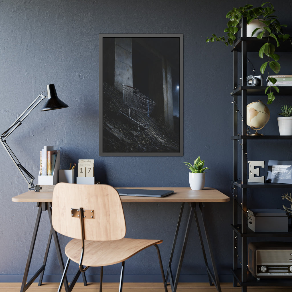 A shopping cart on a rocky slope under an overpass near a streetlamp. The Descent to the Underpass by Garabaggio, framed fine art print hanging in a room.